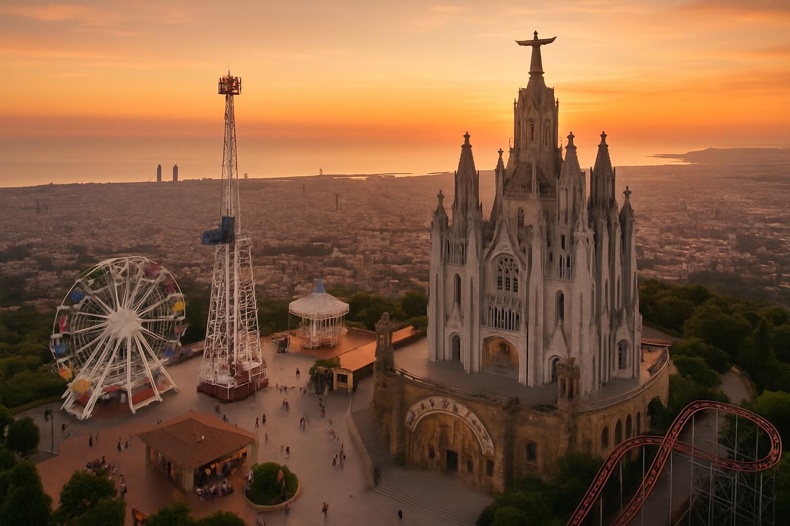 découvrez le tibidabo, un parc d'attractions unique offrant des sensations fortes et la visite de sa basilique emblématique avec une vue panoramique imprenable sur barcelone.