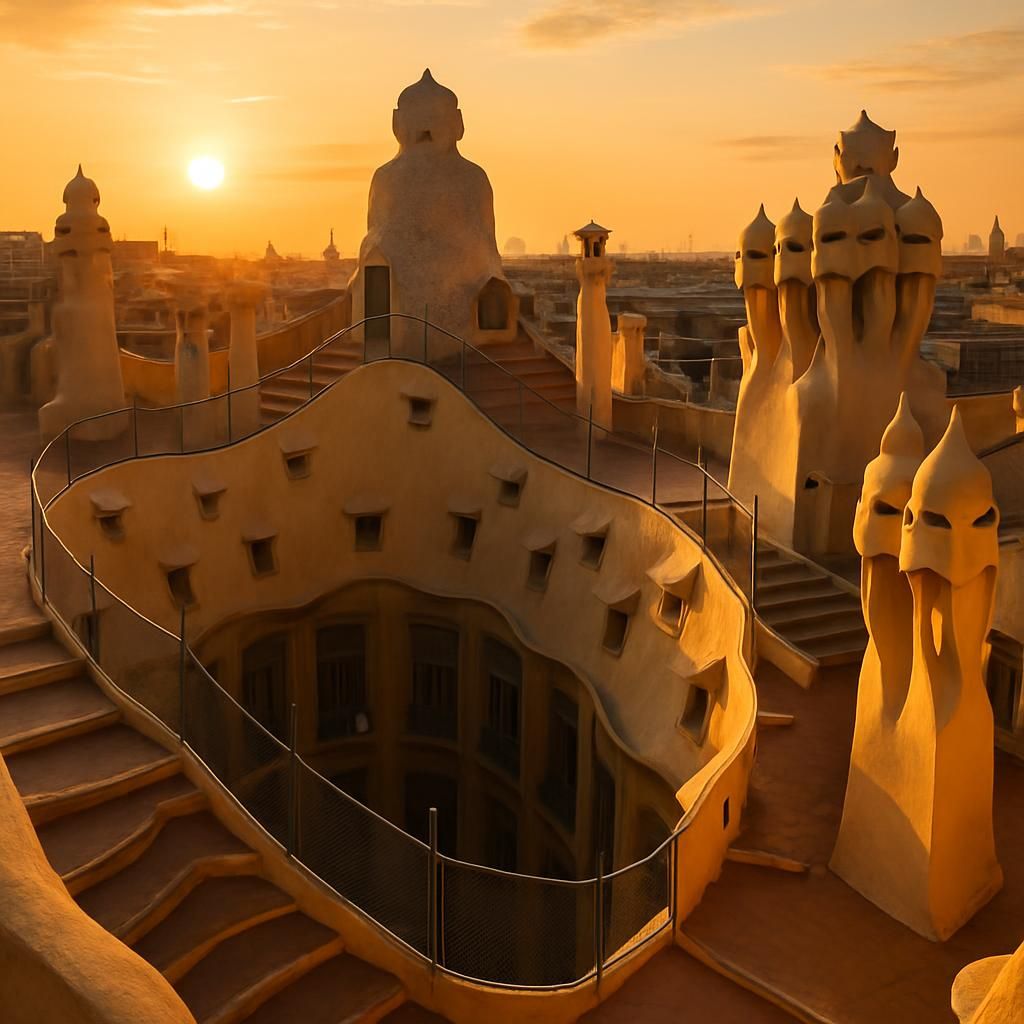 découvrez casa milà (la pedrera) à barcelone : réservez vos billets et explorez le toit-terrasse emblématique pour une vue imprenable et une expérience inoubliable.